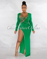 *Marlinda Green Bodysuit Rhinestone Embellished Dress Set