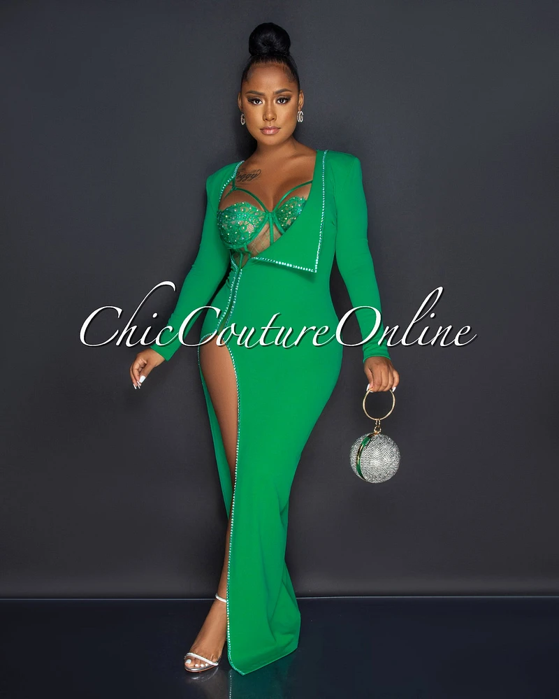 *Marlinda Green Bodysuit Rhinestone Embellished Dress Set