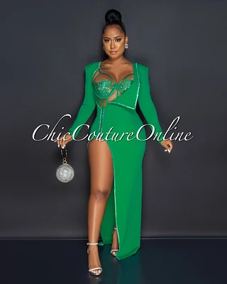 *Marlinda Green Bodysuit Rhinestone Embellished Dress Set