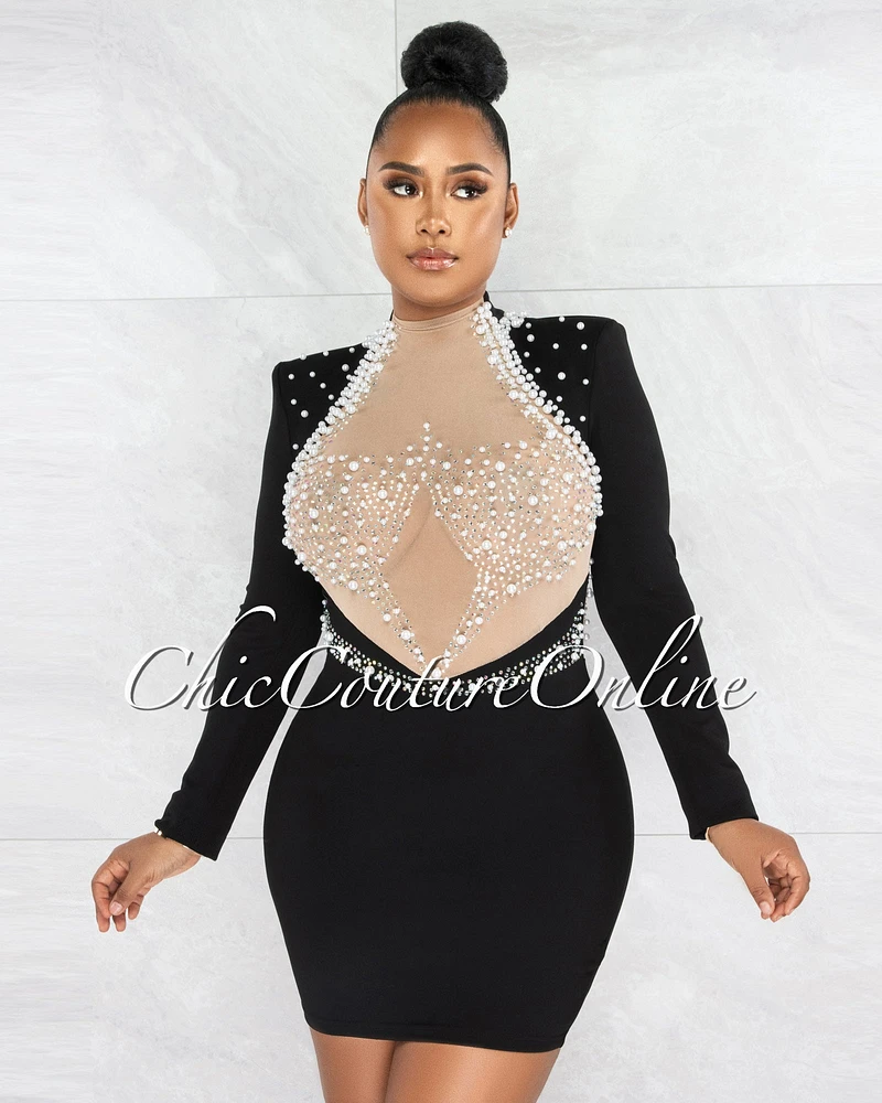 *Yecenia Black Nude Mesh Rhinestones & Pearls Mini Dress