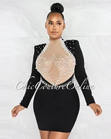 *Yecenia Black Nude Mesh Rhinestones & Pearls Mini Dress