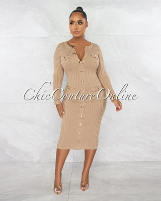 *Dayami Mocha Gold Snaps Ribbed Midi Dress