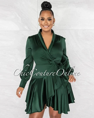 *Eloyda Hunter Green Wrap High Low Ruffle Dress