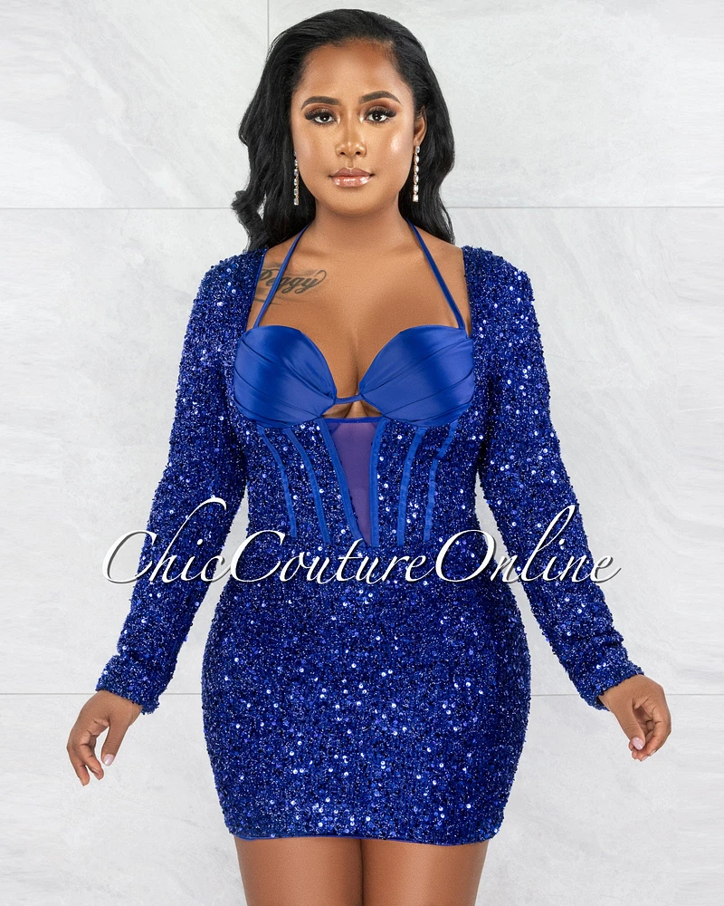 *Manasa Royal Blue Silky Bust Sequins Mini Dress