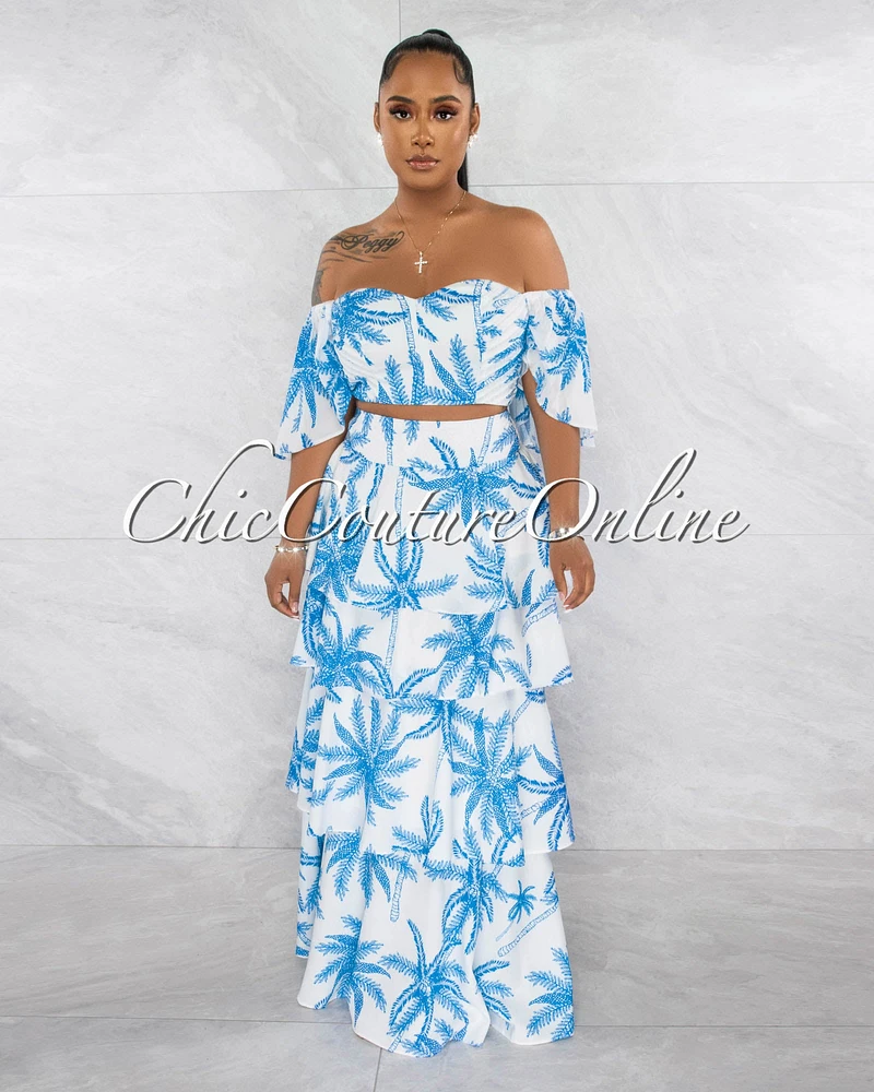 *Nyala White Blue Plam Print Crop Top & Ruffle Maxi Skirt Set