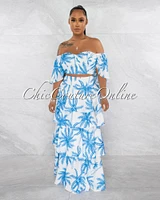 *Nyala White Blue Plam Print Crop Top & Ruffle Maxi Skirt Set