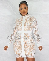 *Connan White Crochet Collared Nude Illusion Luxe Dress