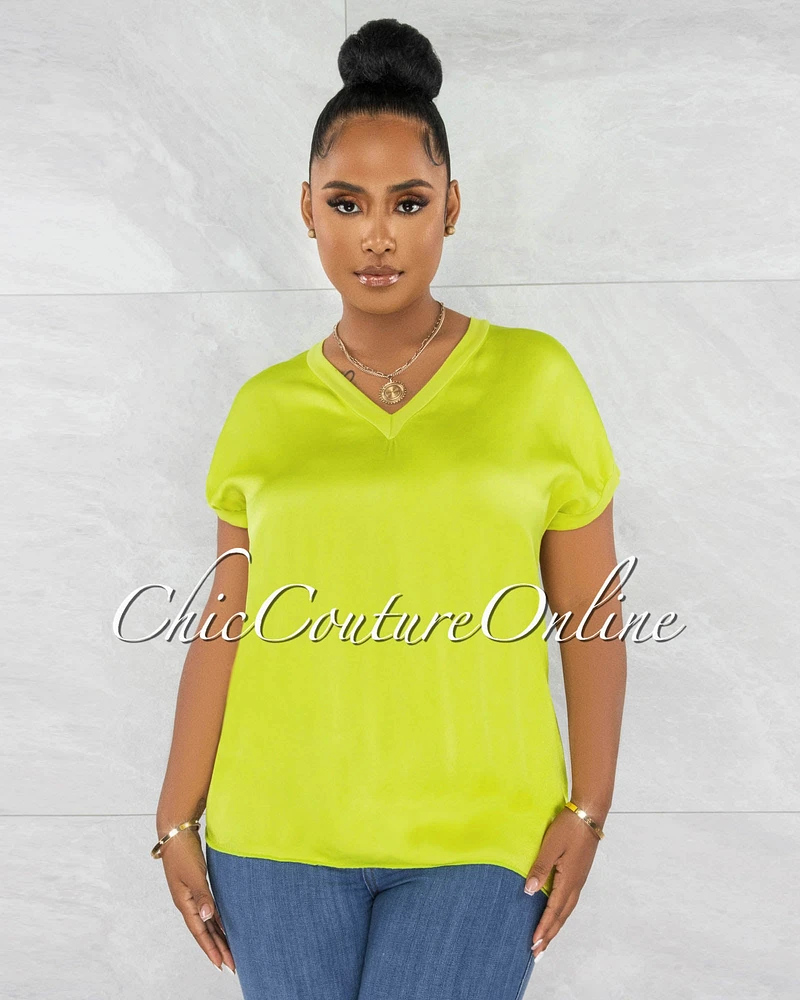 *Sanney Lime Green Silky V-Neckline Top