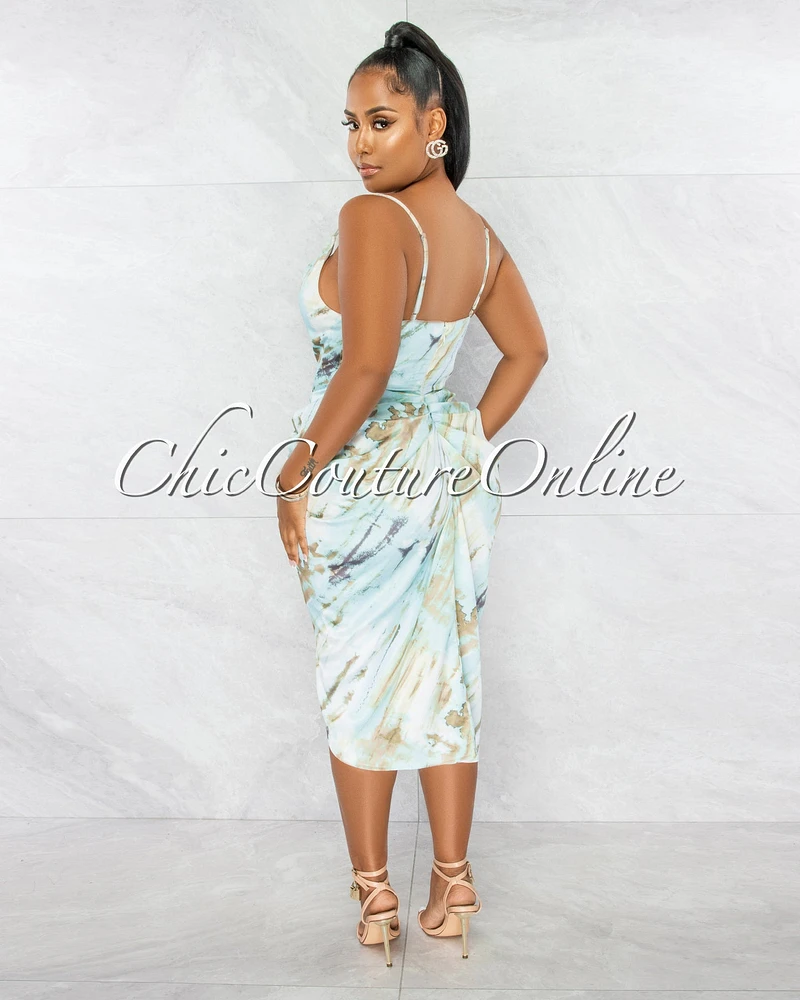 *Taisha Baby Blue Olive Print Ruched Silky Midi Dress