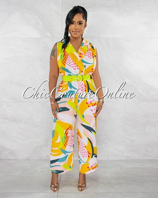 *Svea Multi-Color Print Lime Vegan Leather Belt Collared Jumpsuit