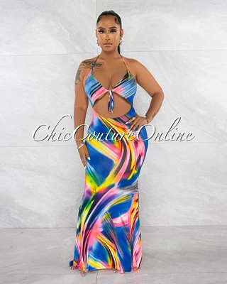 *Raquelia Blue Multi-Color Front Cut-Out Maxi Dress