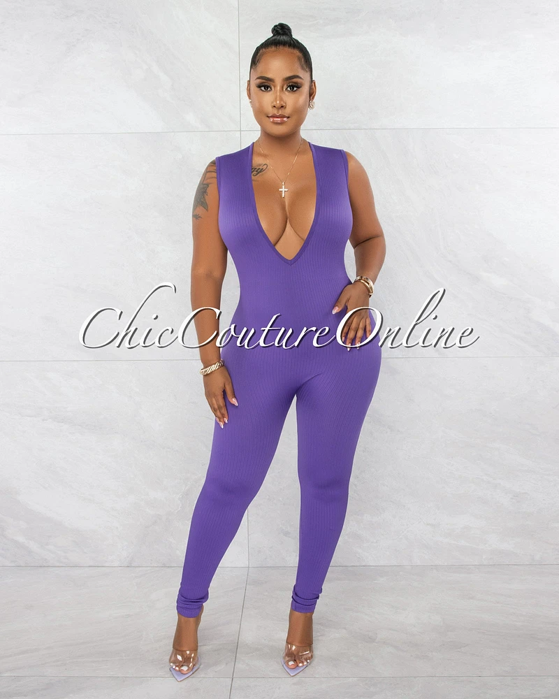 Caitlyn Purple V-Neck Ribbed Sculpting Jumpsuit