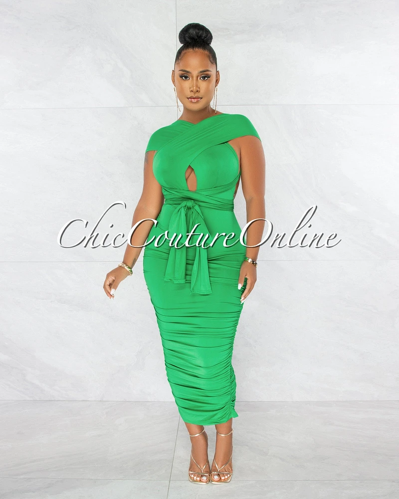 *Fosta Green Multi-Way Ruched Maxi Dress