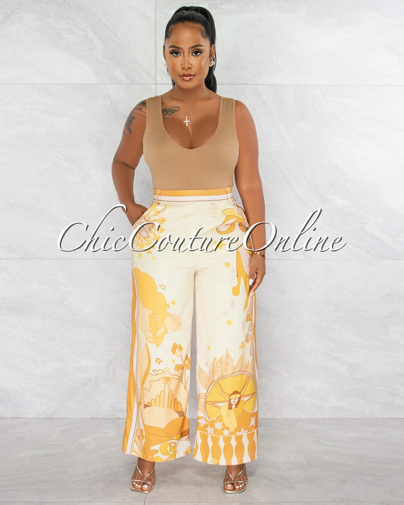 *Karl Ivory Mustard Print Silky Palazzo Pants