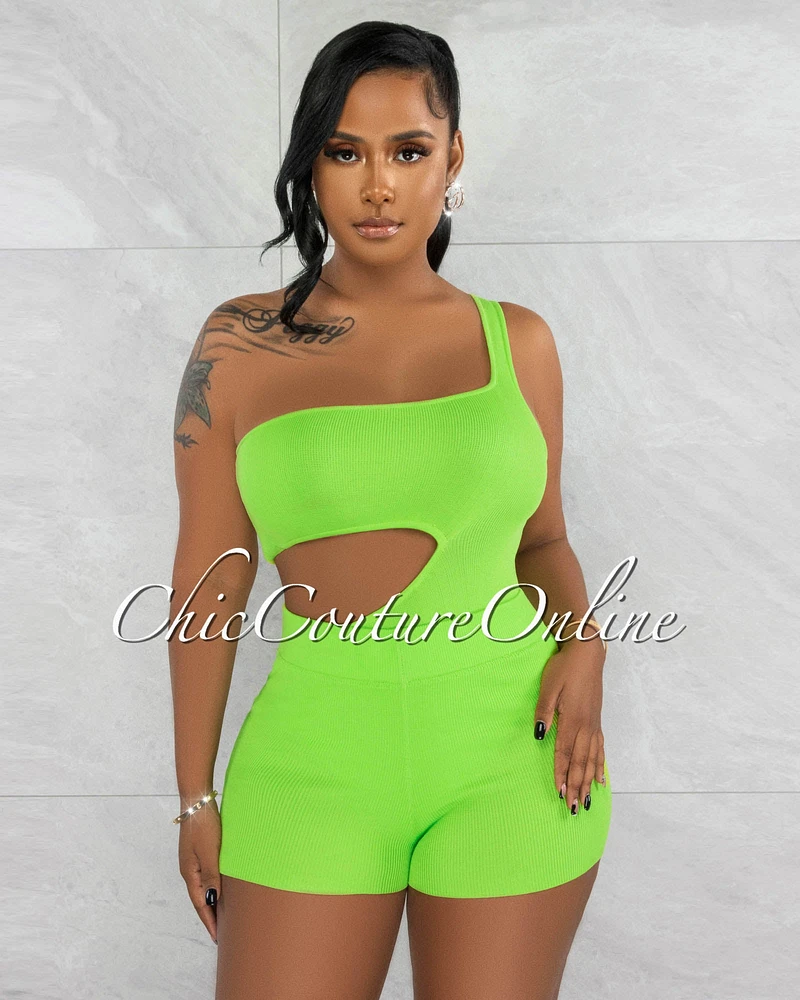 *Joel Lime Waist Cut-Out Bodysuit & Shorts Knit Set