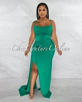 *Lucie Green Drape Bust Train Maxi Dress