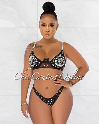 Symone Black Silver Rhinestones Three Piece Set Swimsuit