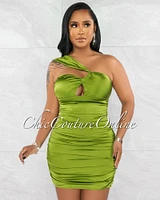 *Harika Olive Green Bust Key-Hole Draped Mini Silky Dress