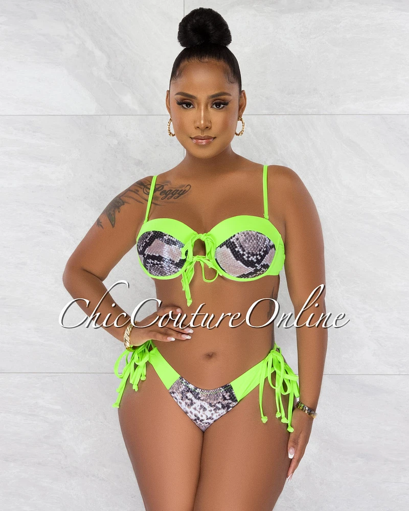 *Walker Neon Green Snake Print Two Piece Bikini Set