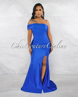 *Hender Royal Blue Drape Single Shoulder Side Slit Maxi Dress