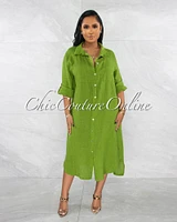 *Ransley Olive Front Buttons Shirt LINEN Maxi Dress