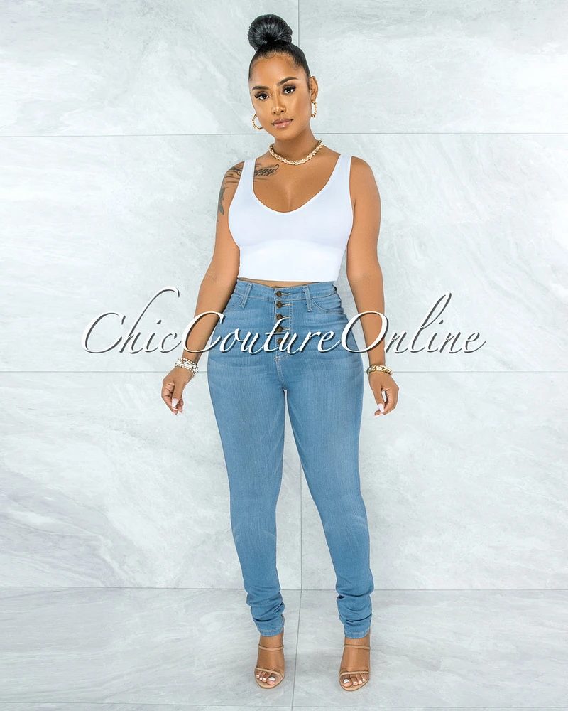 Phina Light Denim Button Up High Waist Skinny Jeans