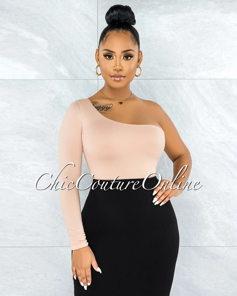 *Estime Nude Single Shoulder Long Sleeve Top