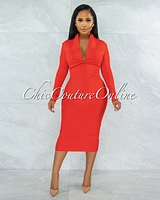 *Athina Red Draped Details Bandage Midi Dress