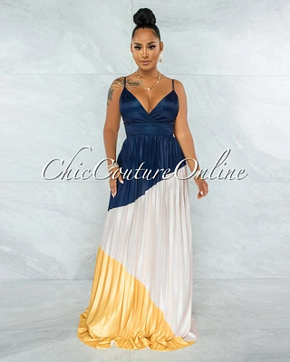 Yolana Navy Nude Yellow Color Block Pleated Maxi Dress