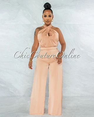 *Byford Peach Halter Pleated Satin Jumpsuit