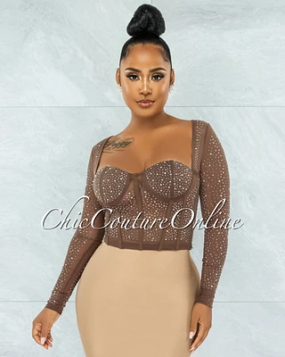 *Ibrana Brown Rhinestones Mesh Crop Top