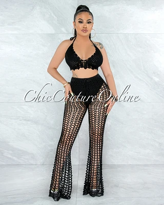 *Egesa Black Crochet Cover-Up Fishnet Set