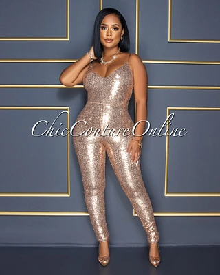 *Sumeya Rose Gold Sequins Clear Straps Jumpsuit