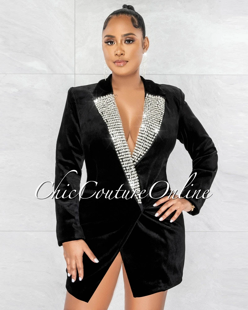 Galeas Black Velvet Silver Rhinestones Double Trench Dress