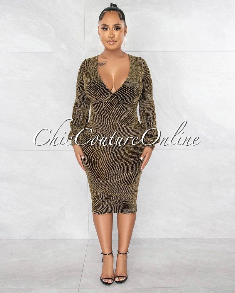 *Shebra Black Gold Shimmer Print Midi Dress