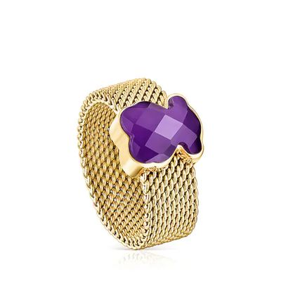 Gold-colored IP Steel Mesh Color Ring with Amethyst Bear motif