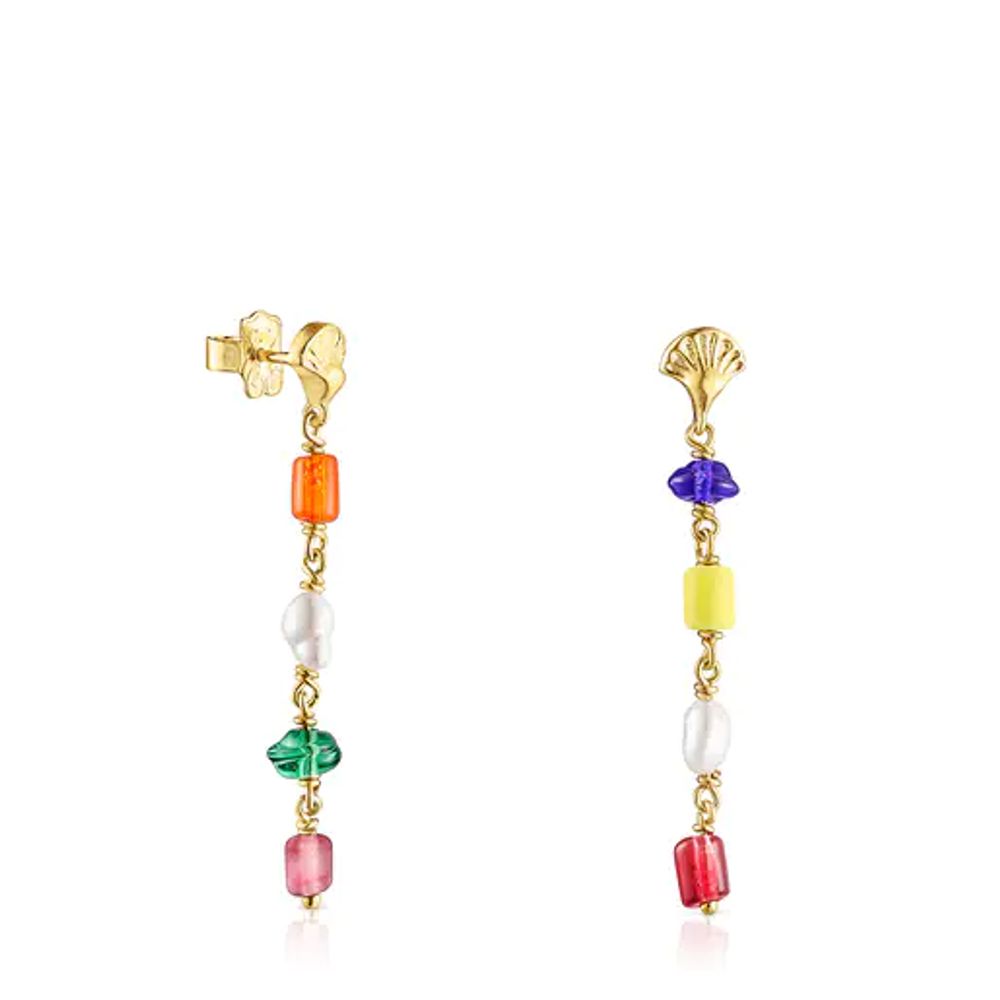 Aretes largos Oceaan con baño de oro 18 kt sobre plata y glass multicolor