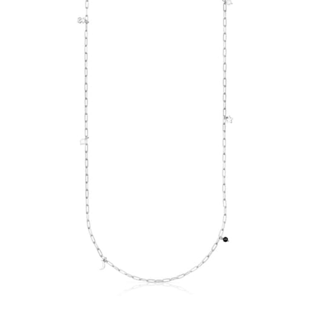 Long silver Magic Nature Necklace with pearls and onyx