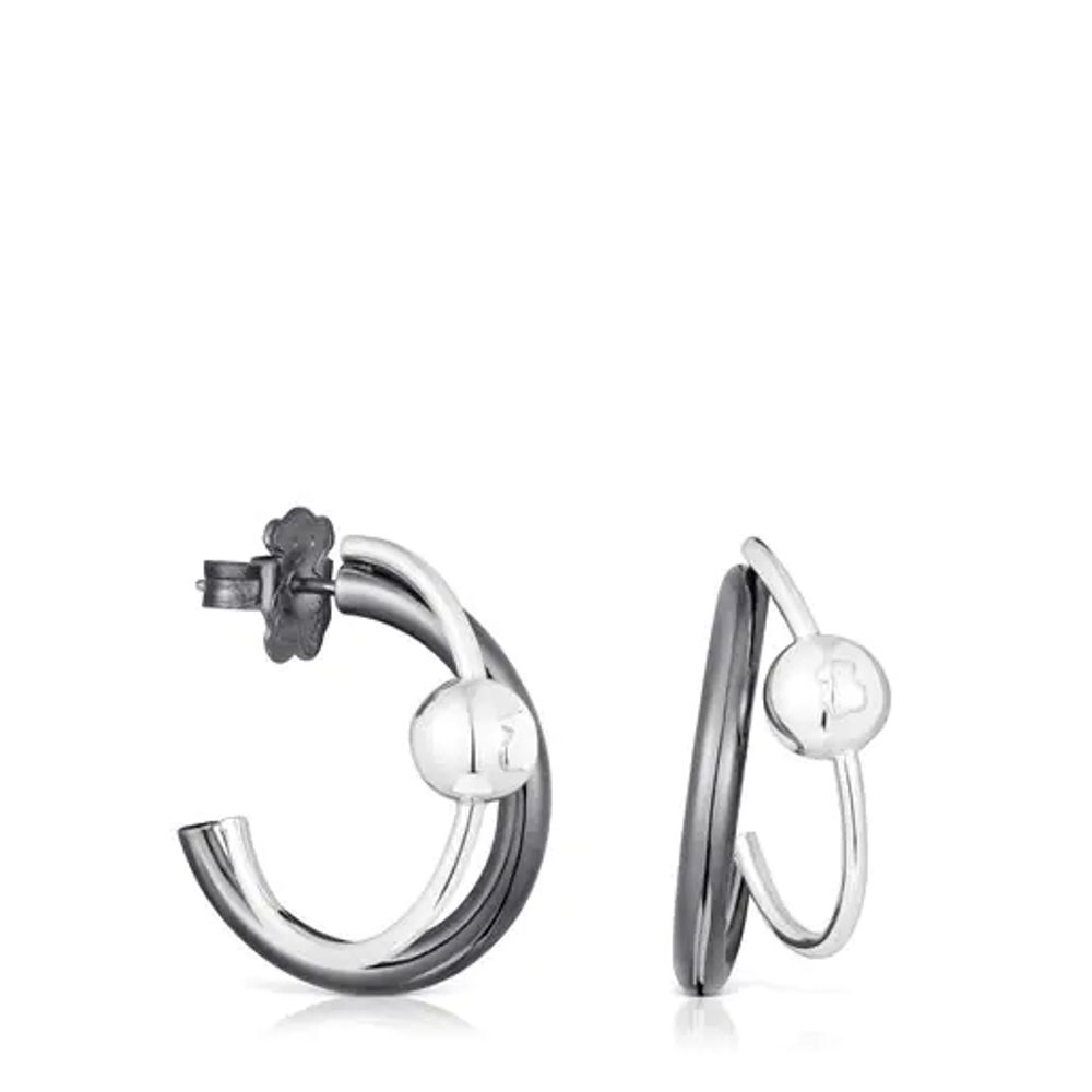 Silver and dark silver Plump Double hoop earrings