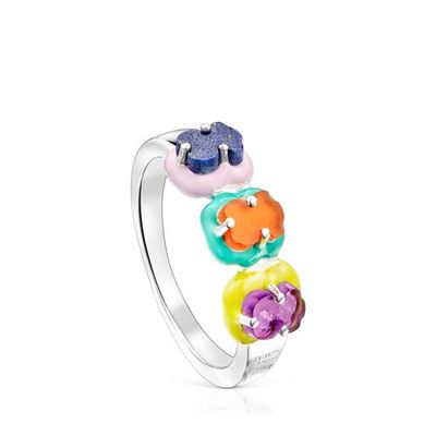 Silver TOUS Vibrant Colors Ring with bear charm gemstones and enamel