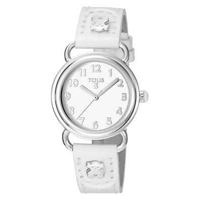 Reloj analógico Baby Bear de acero con correa de piel blanca