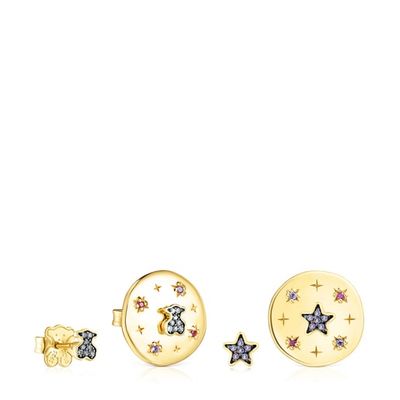 Pack of silver vermeil Magic Nature disc Earrings with gemstones and diamonds