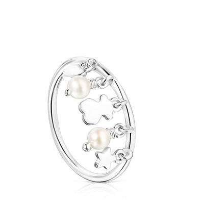 Silver and Pearls TOUS Cool Joy Ring with Bear, Heart Star motifs