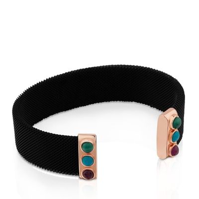 Pulsera Super Power de Acero y plata baño oro rosa 18 kt sobre con Malaquita, Turquesa Rubí