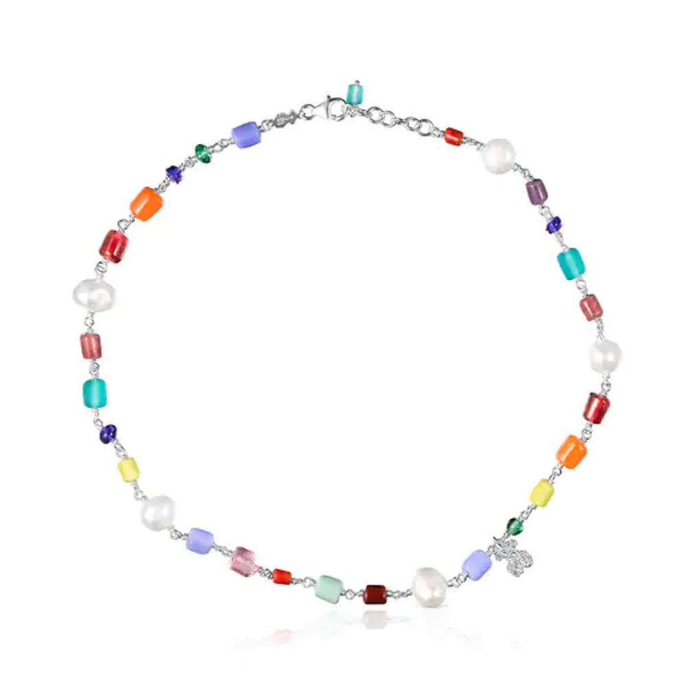 Collar Oceaan de glass multicolor, plata y perlas