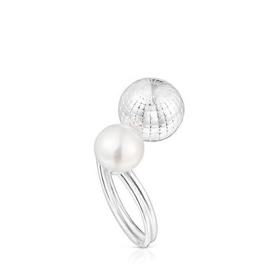 Silver St. Tropez Disco bear ball Open ring with cultured pearl