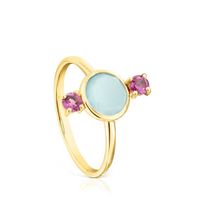 Gold Virtual Garden Ring with chalcedony and rhodolite