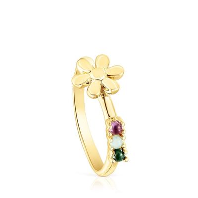 Anillo Fragile Nature flor con baño de oro 18 kt sobre plata y gemas