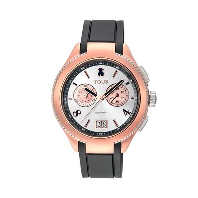 Reloj analógico ST bicolor de acero/IP rosado con correa de Caucho negra