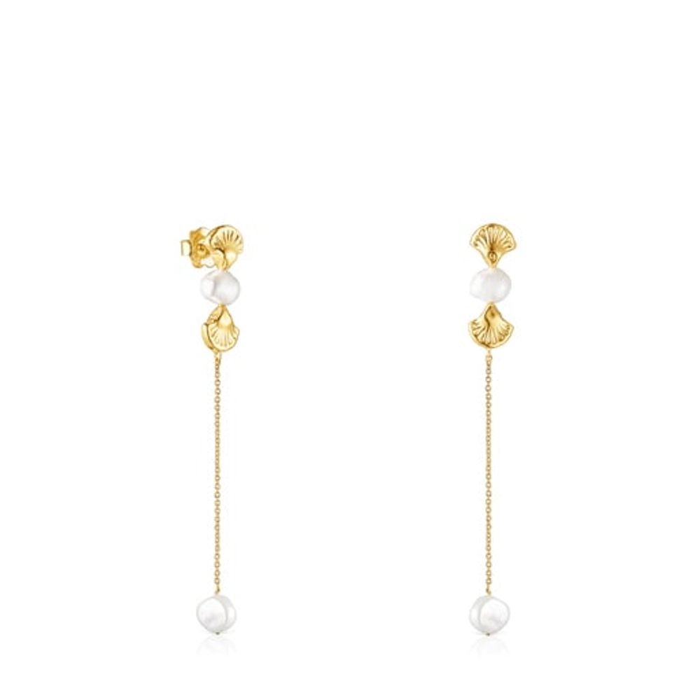 Aretes largos Oceaan conchas de oro y perlas